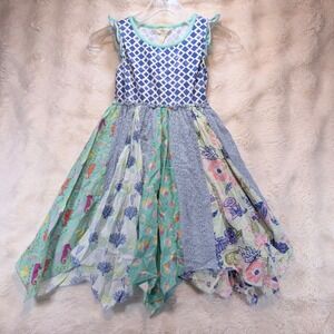 Matilda Jane Girls Mixed Media Patchwork Handkerchief Hem Dress Blue size 10